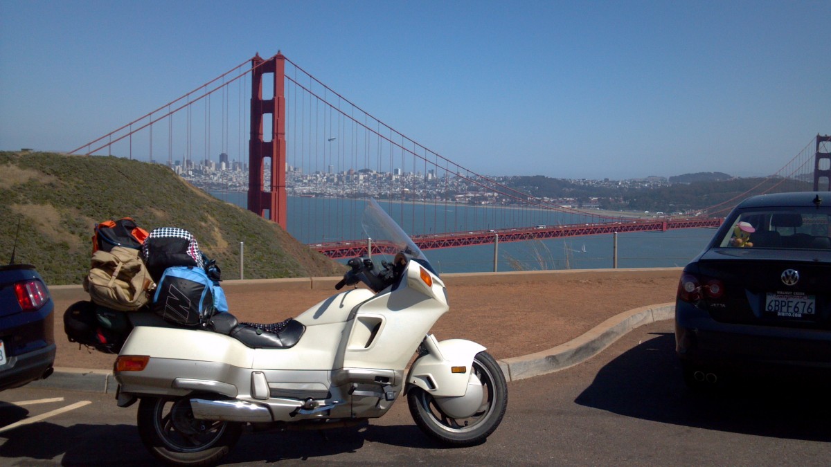 My Honda Pacific Coast PC800 on the north side of the Golden Gate Bridge on the Pacific Coast in California.