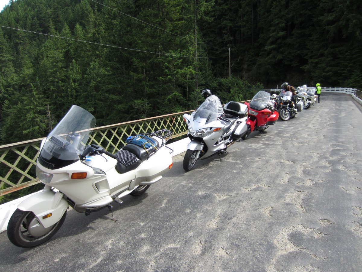 The NW UPCOAST RAMROD ride stopped on the Carbon River Bridge for a quick peak over the edge and a photo. It was a loooong way down to the bottom!